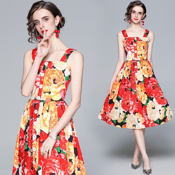 Printed Single-breasted Button-embellished Slim Fit Holiday Slip Dress - Picture 1 of 6